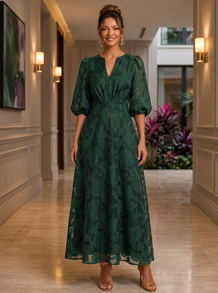 3/4 Puff Sleeve Floral Jacquard Organza Evening Gown With Notch Neckline