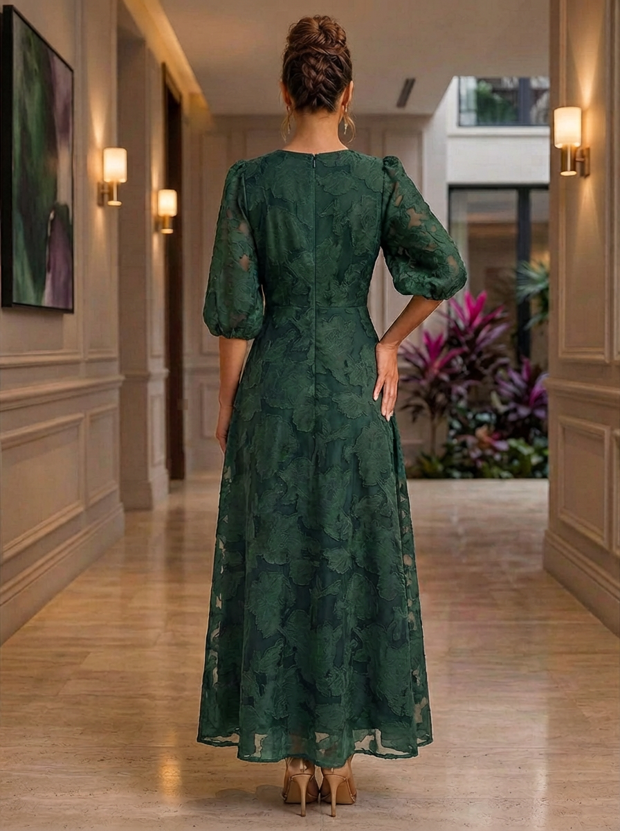 3/4 Puff Sleeve Floral Jacquard Organza Evening Gown With Notch Neckline