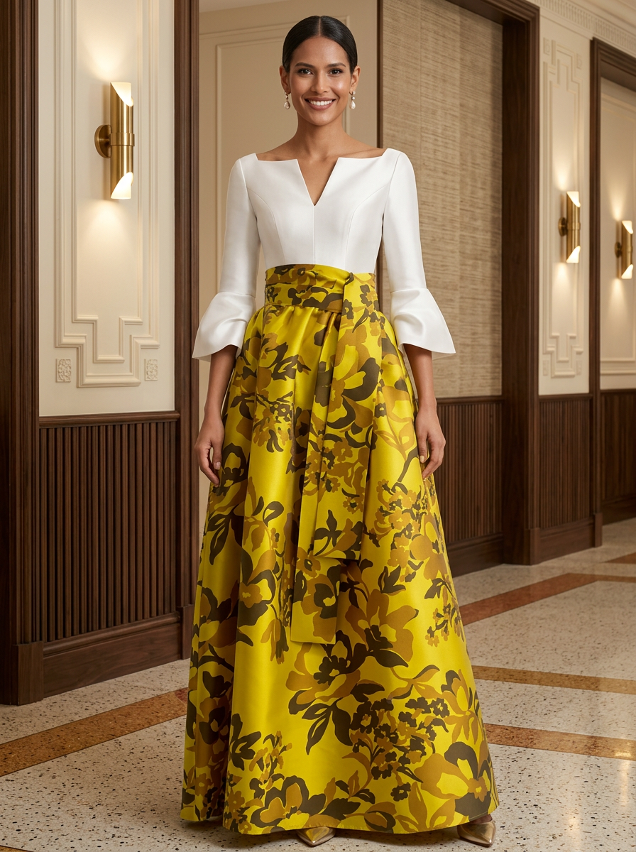 Bell Sleeve Notch Neck Satin Floral Jacquard Evening Gown