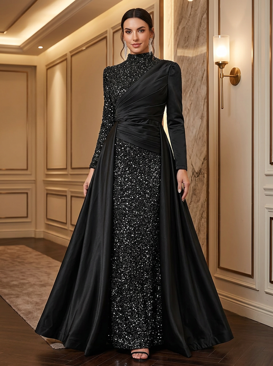 High Neck Long Sleeve Sequin and Satin Evening Gown With Overskirt