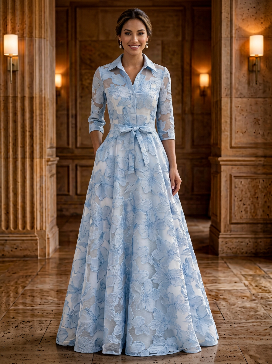 3/4 Sleeve Shirt Collar Floral Jacquard Organza Evening Gown With Belt