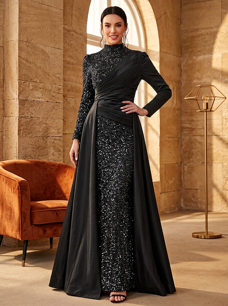 High Neck Long Sleeve Sequin and Satin Evening Gown With Overskirt