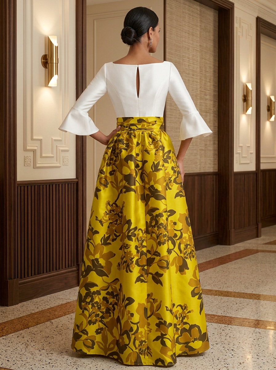 Bell Sleeve Notch Neck Satin Floral Jacquard Evening Gown