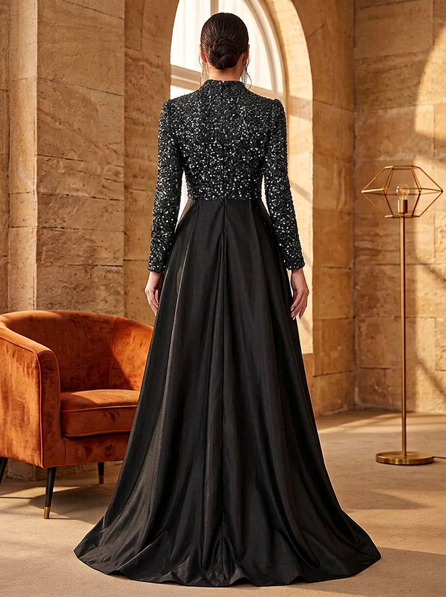 High Neck Long Sleeve Sequin and Satin Evening Gown With Overskirt