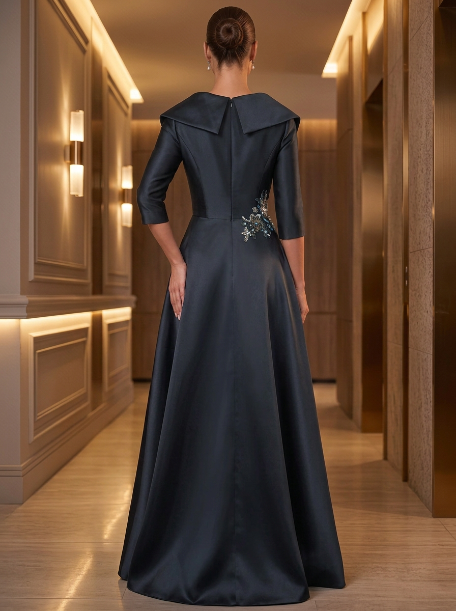3/4 Sleeve Off-the-Shoulder Portrait Collar Sequined Embroidered Satin Evening Gown With Slit