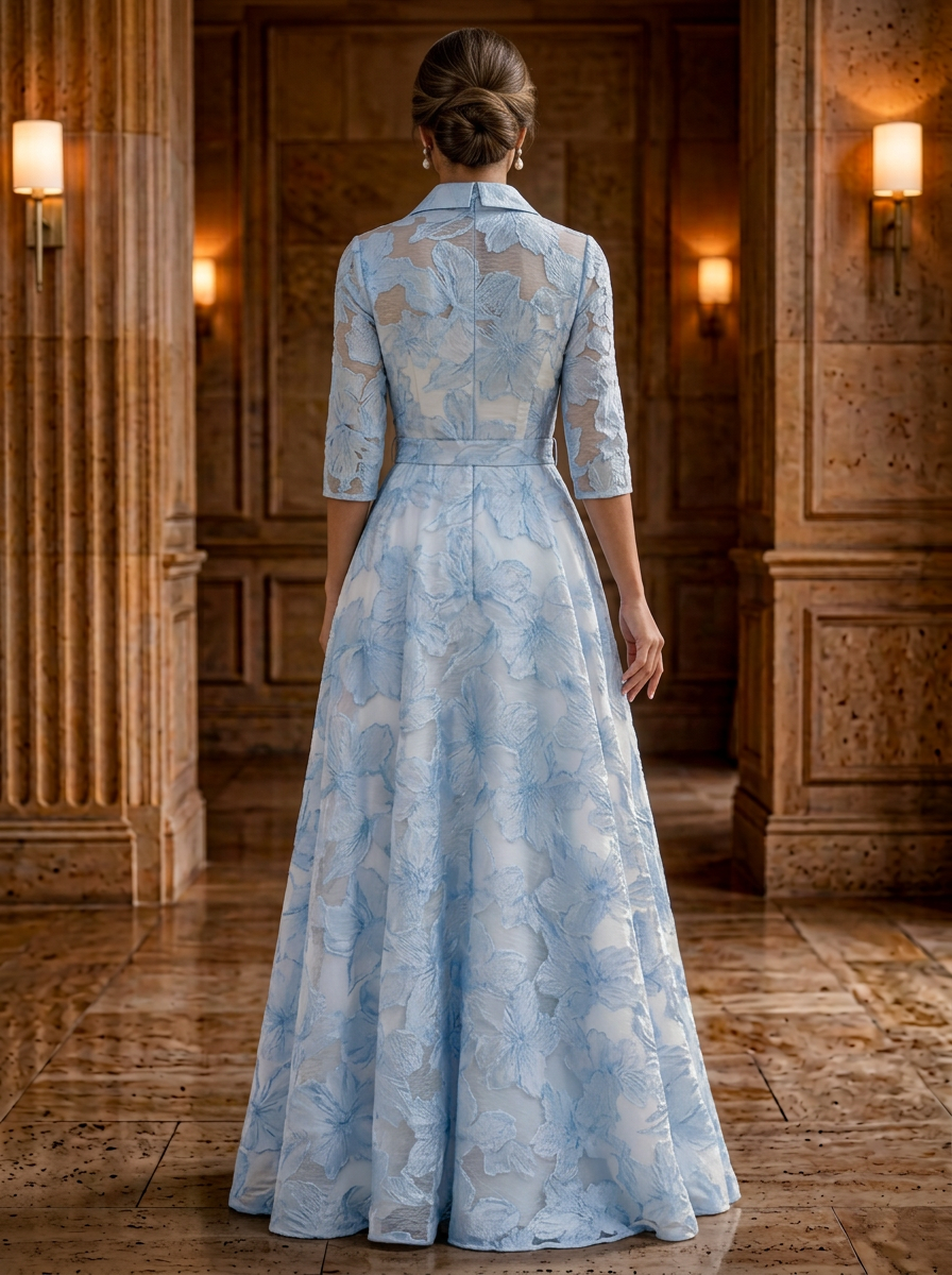 3/4 Sleeve Shirt Collar Floral Jacquard Organza Evening Gown With Belt