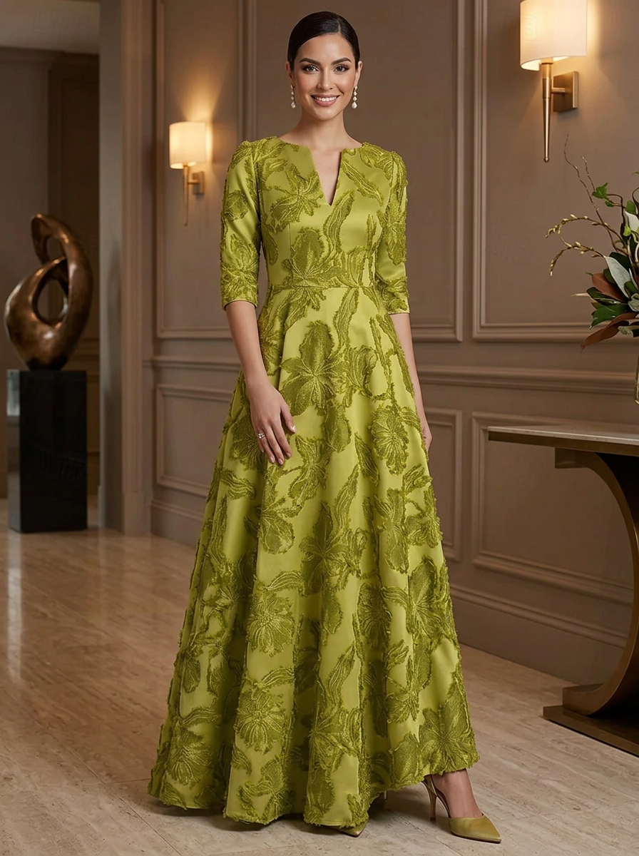 3/4 Sleeve Notch Neck Textured Floral Jacquard Evening Gown