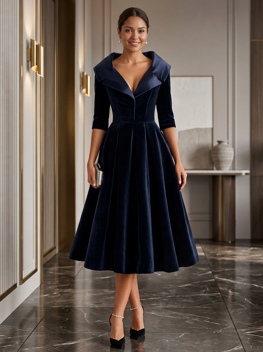 3/4 Sleeve Portrait Lapel Velvet Midi Cocktail Dress
