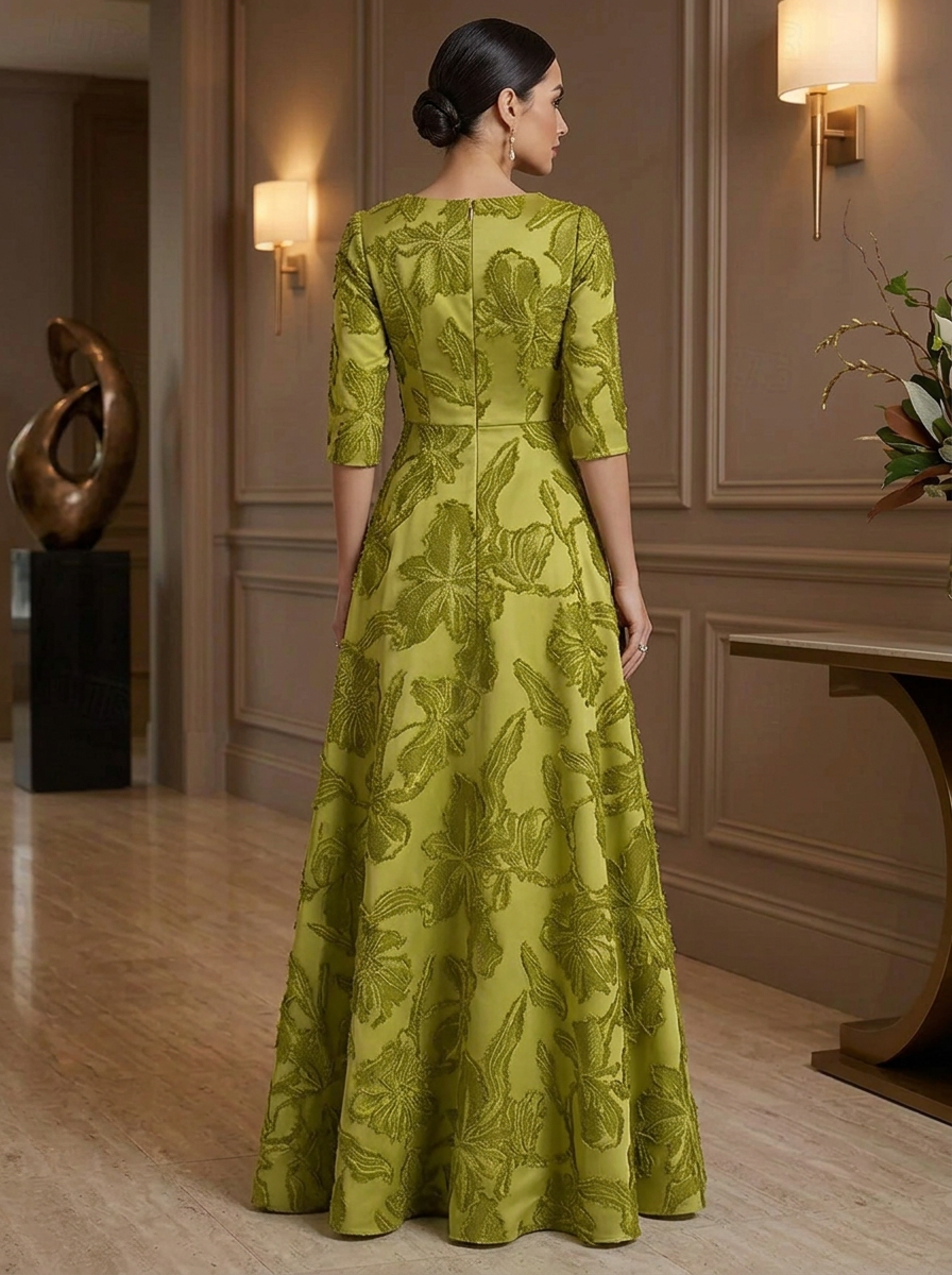 3/4 Sleeve Notch Neck Textured Floral Jacquard Evening Gown