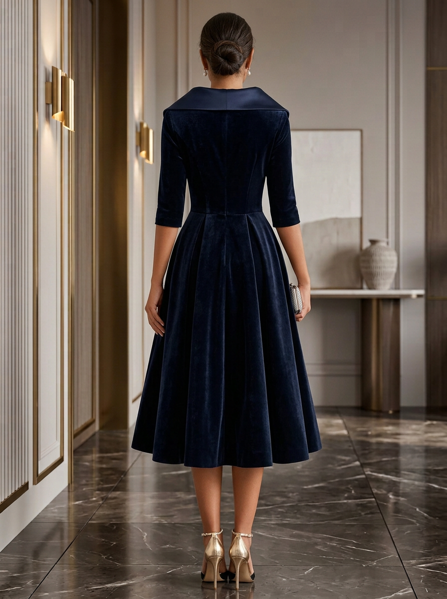 3/4 Sleeve Portrait Lapel Velvet Midi Cocktail Dress