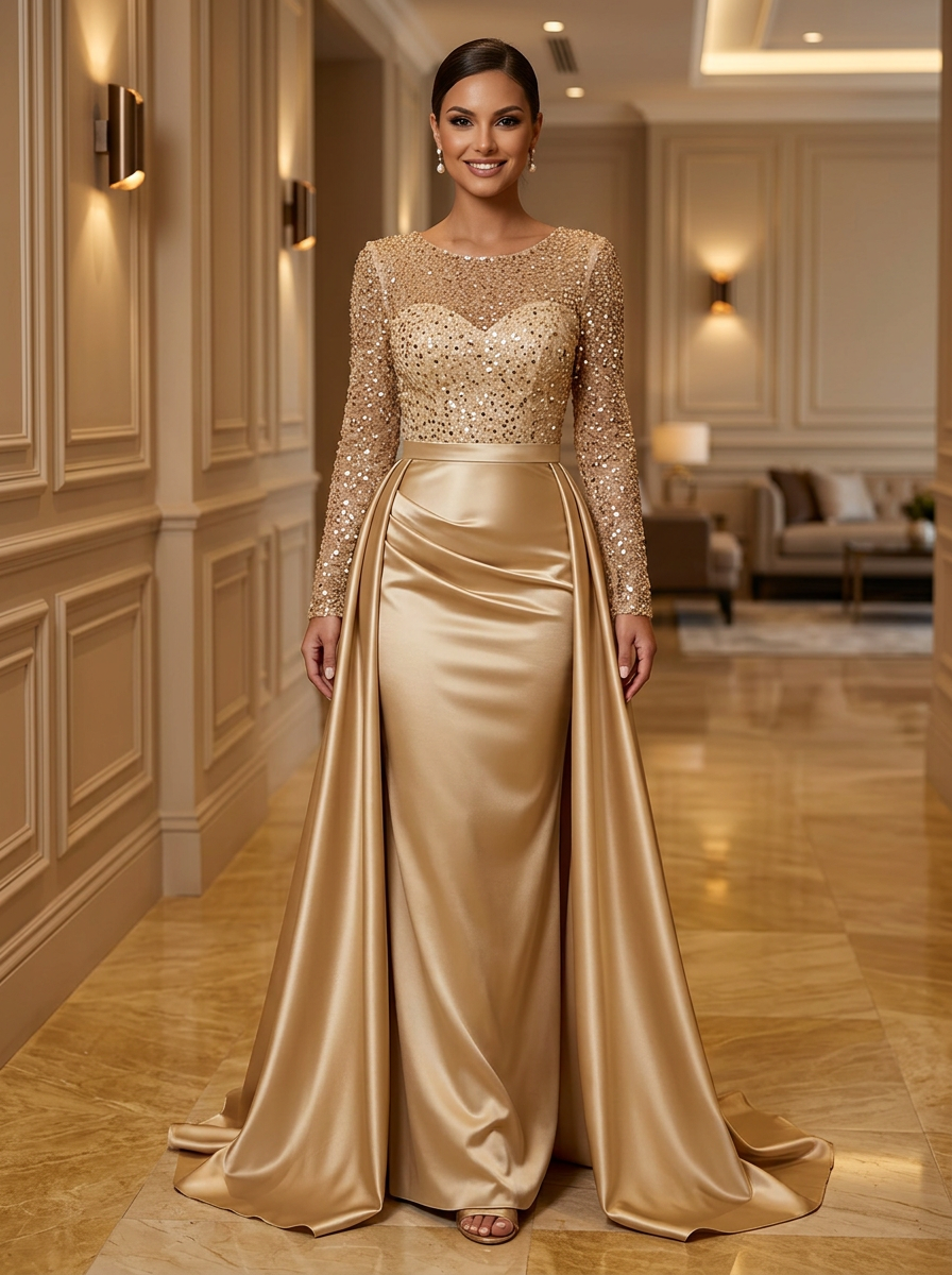 Long Sleeve Sequin Mesh and Satin Evening Gown With Overskirt