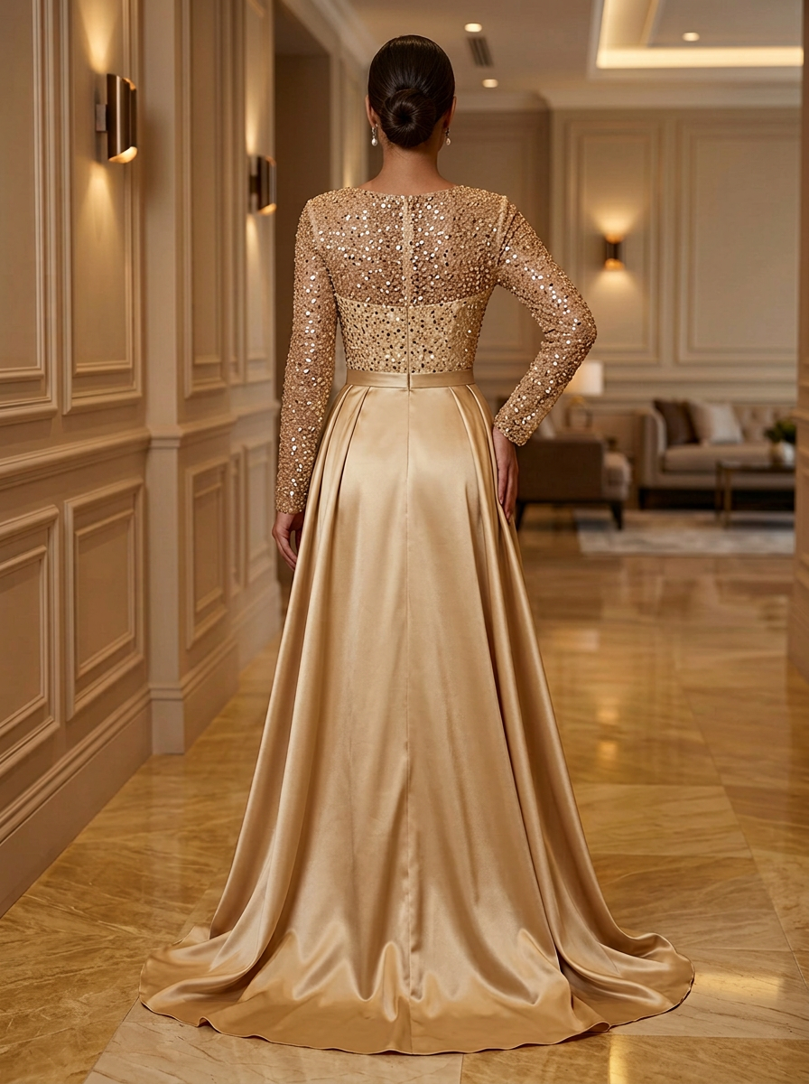 Long Sleeve Sequin Mesh and Satin Evening Gown With Overskirt