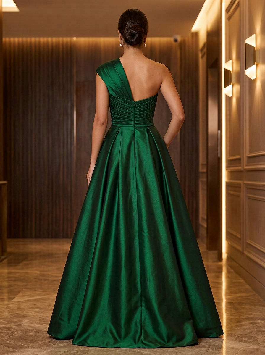One-Shoulder Pleated Taffeta Evening Gown With Bow Sash and Slit
