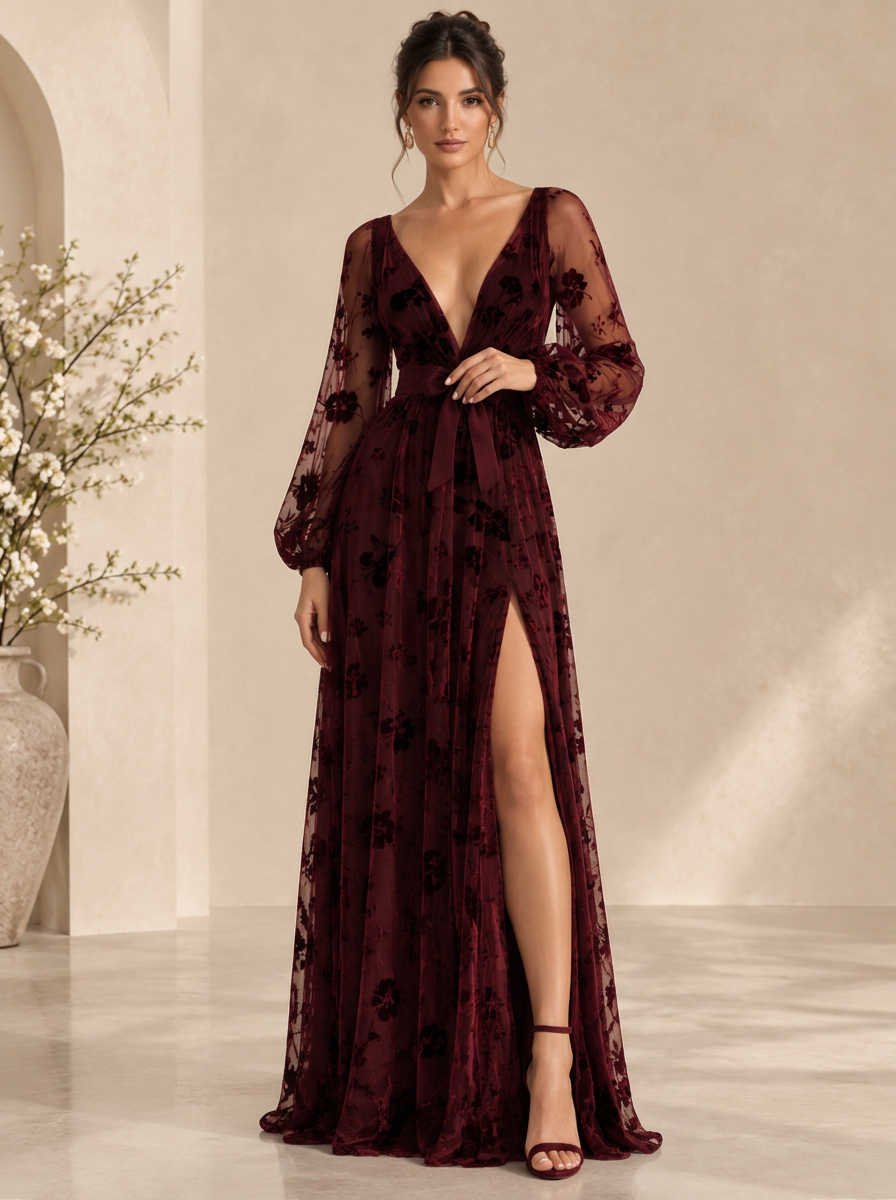 Long Bishop Sleeve Plunging V-Neck Velvet Burnout Tulle Evening Gown With Slit