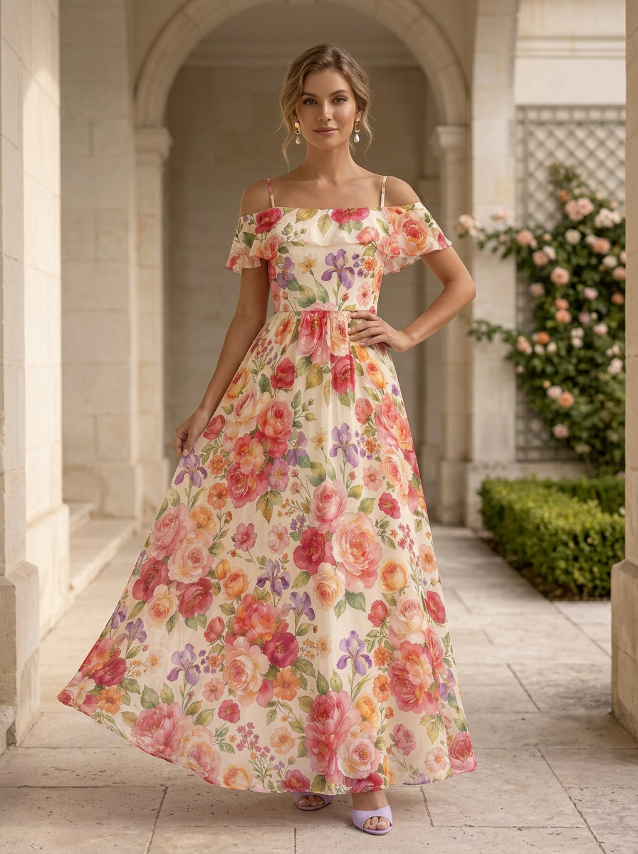 Off-The-Shoulder Spaghetti Strap Floral Chiffon Maxi Evening Gown