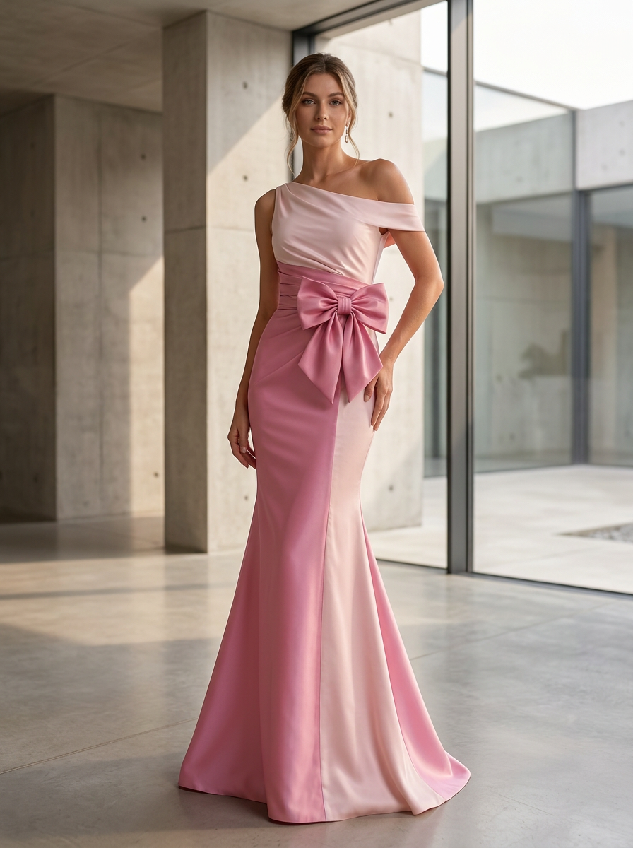 One-Shoulder Colorblock Satin Mermaid Evening Gown With Bow
