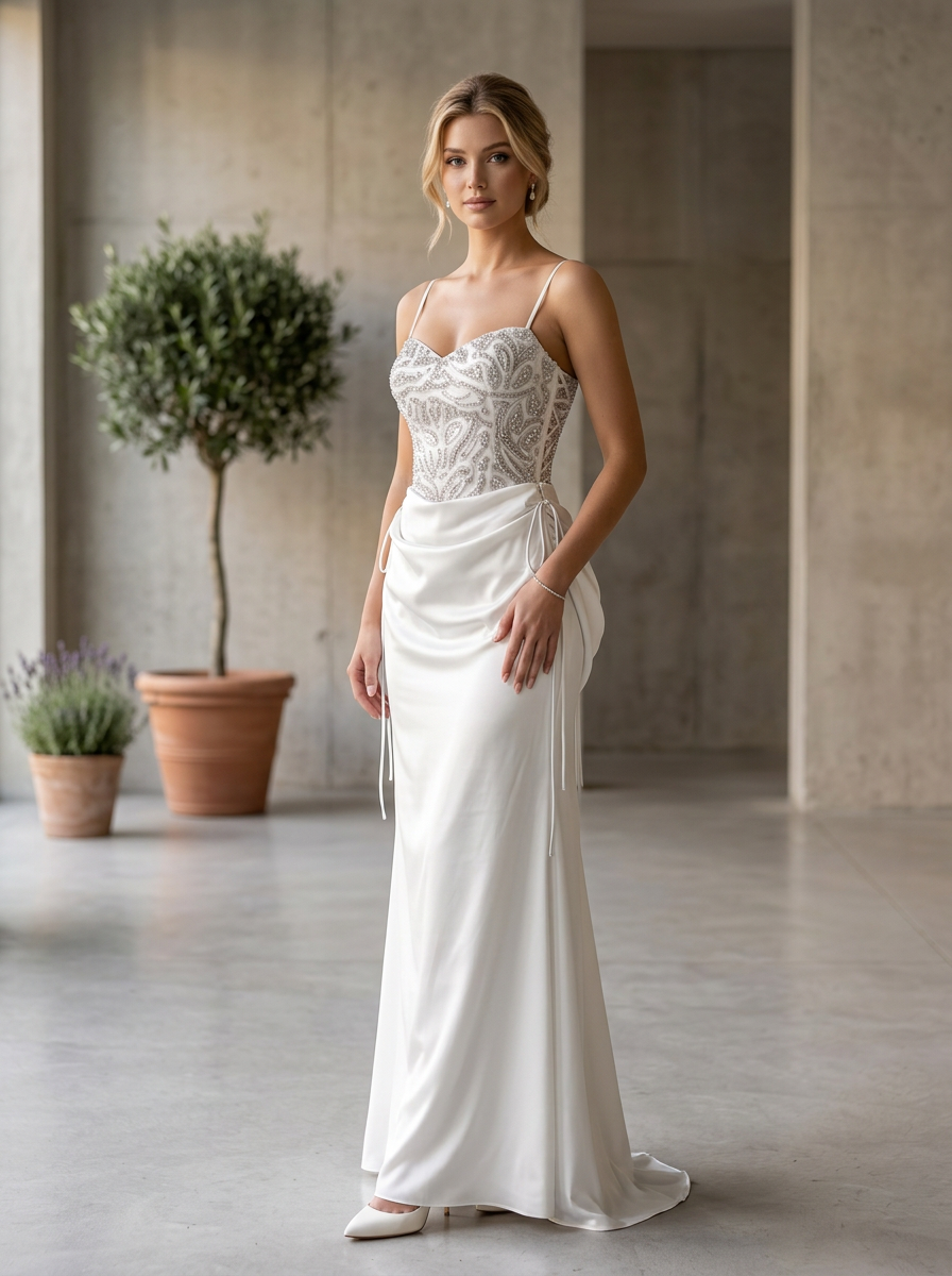 Spaghetti Strap Beaded Mesh and Satin Ruched Two-Piece Evening Gown Set