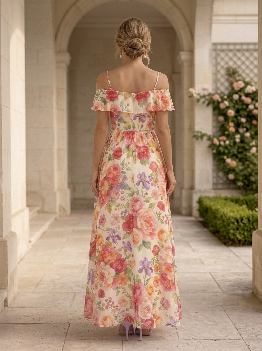 Off-The-Shoulder Spaghetti Strap Floral Chiffon Maxi Evening Gown