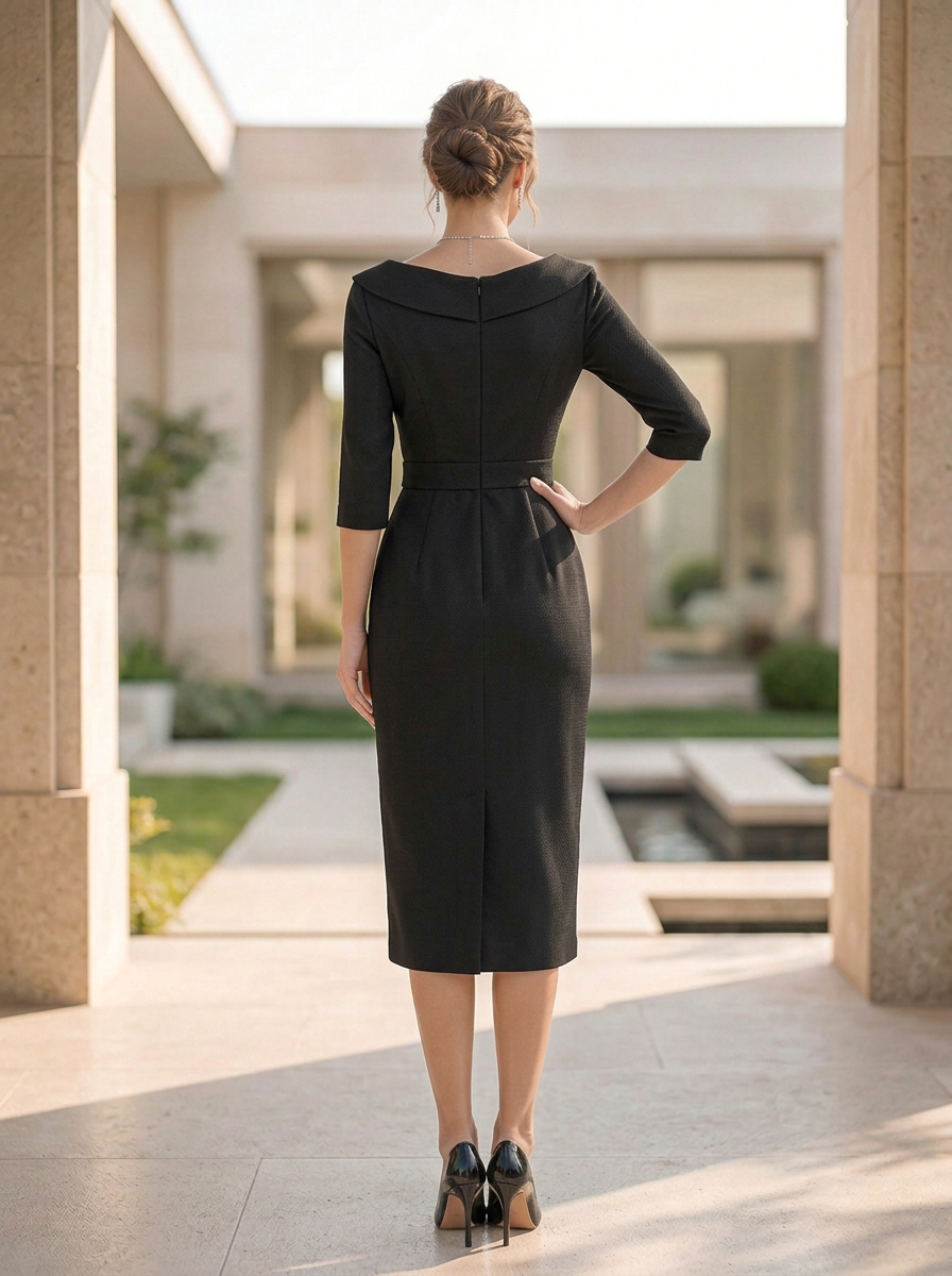 3/4 Sleeve Portrait V-Neck Jacquard Midi Cocktail Dress