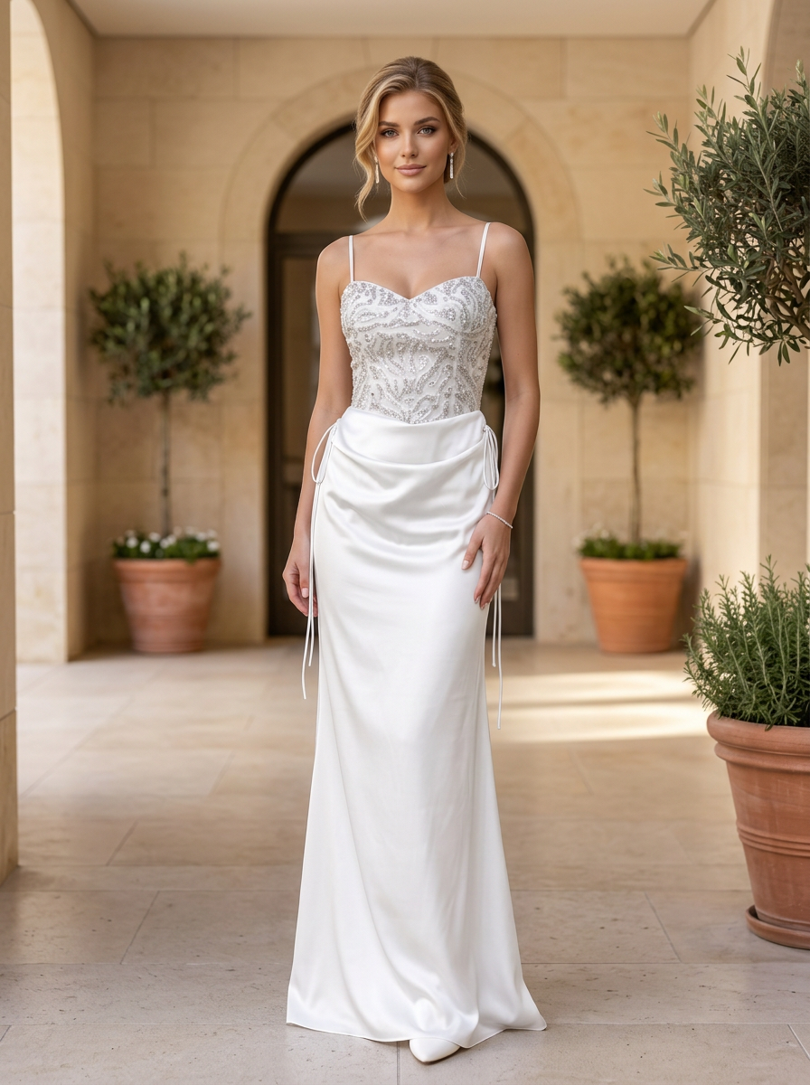 Spaghetti Strap Beaded Mesh and Satin Ruched Two-Piece Evening Gown Set