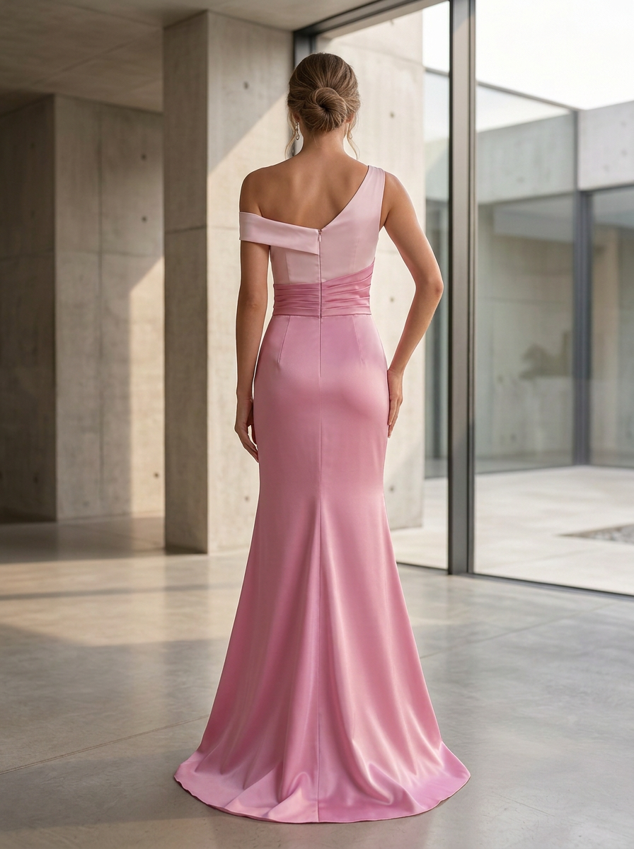 One-Shoulder Colorblock Satin Mermaid Evening Gown With Bow