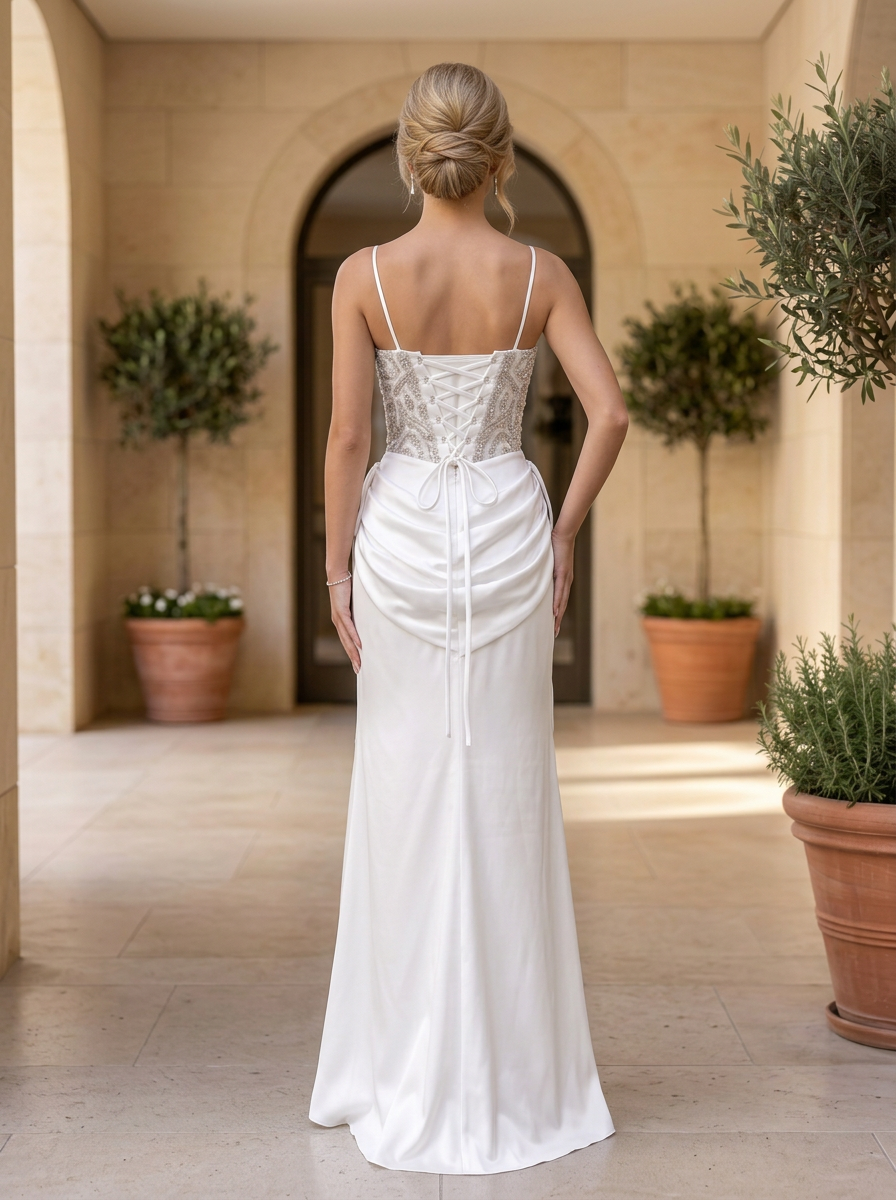 Spaghetti Strap Beaded Mesh and Satin Ruched Two-Piece Evening Gown Set