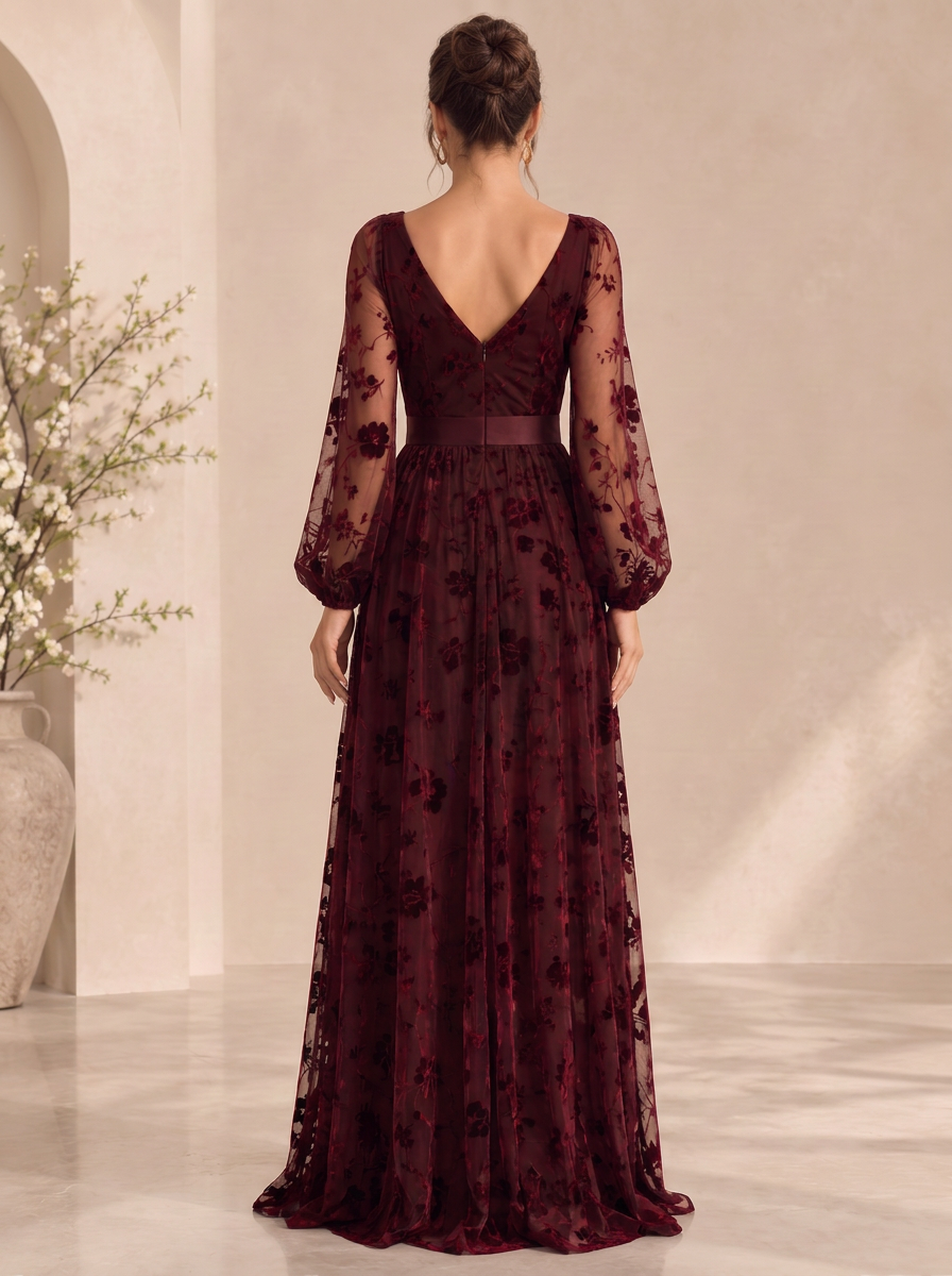 Long Bishop Sleeve Plunging V-Neck Velvet Burnout Tulle Evening Gown With Slit