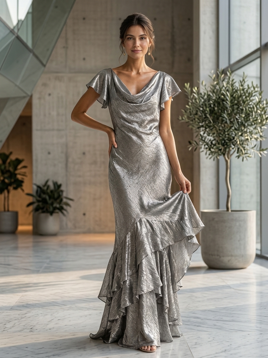 Flutter Sleeve Cowl Neck Metallic Lame Tiered Mermaid Evening Gown