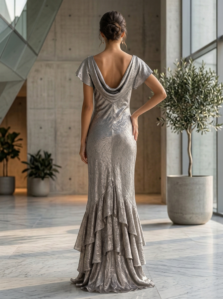 Flutter Sleeve Cowl Neck Metallic Lame Tiered Mermaid Evening Gown