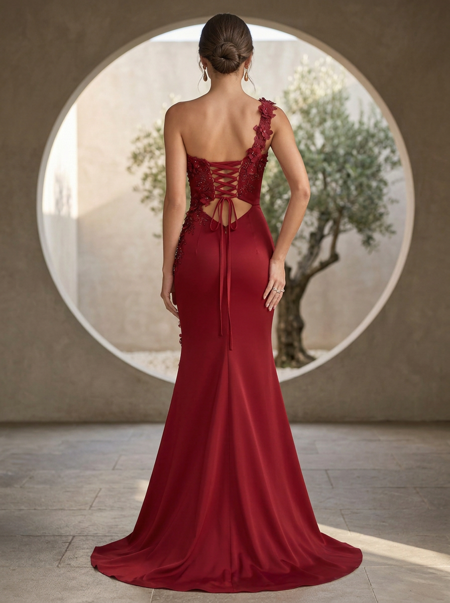One-Shoulder 3D Floral Applique Satin Mermaid Evening Gown With Slit