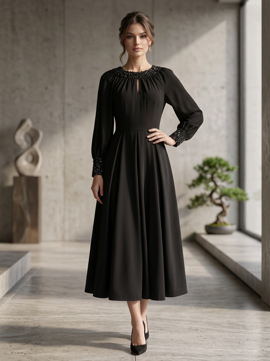 Long Sleeve Beaded Neckline Crepe Midi Cocktail Dress