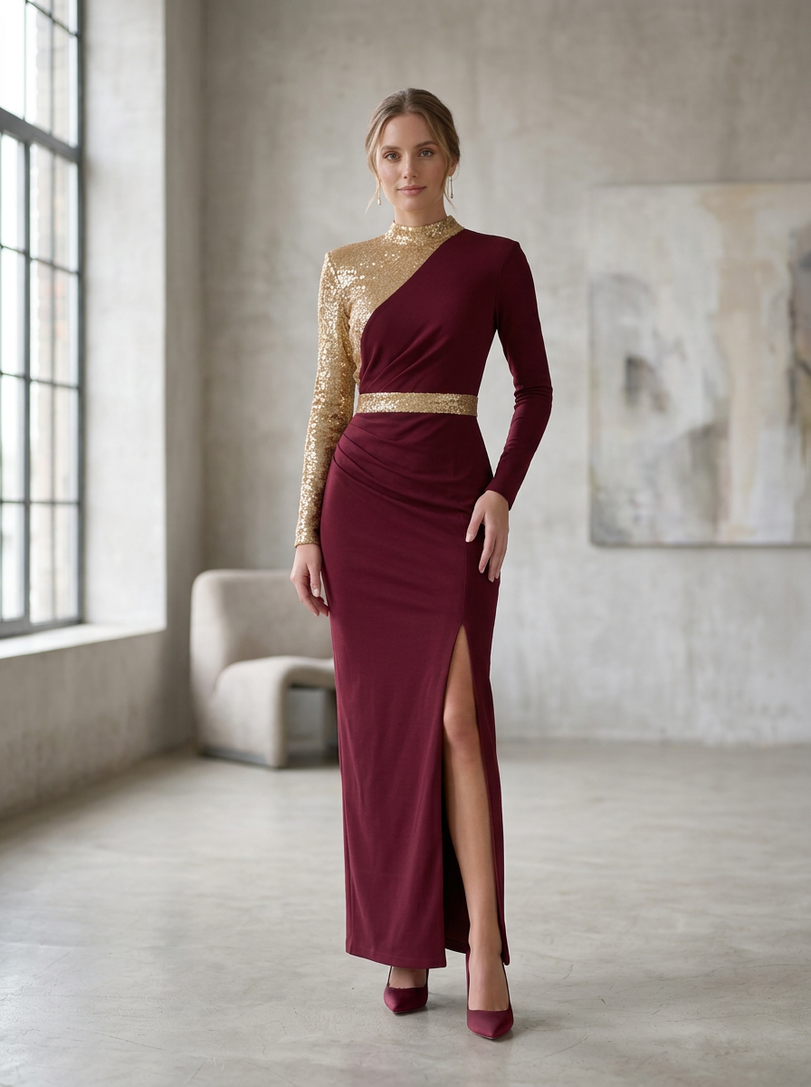 Asymmetric Long Sleeve Sequined Mesh and Crepe Evening Gown With Slit