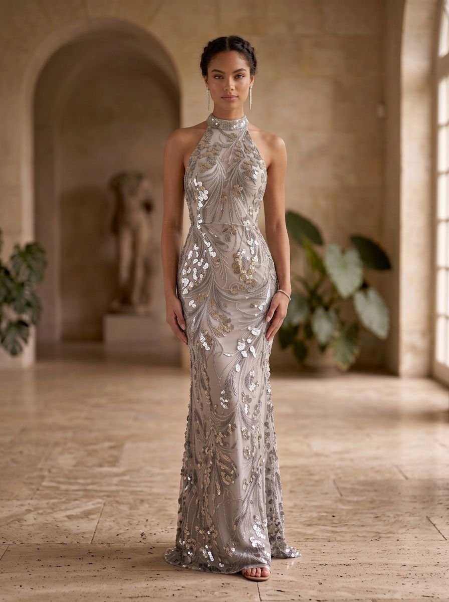 Halter Neck Backless Sequined Mesh Mermaid Evening Gown