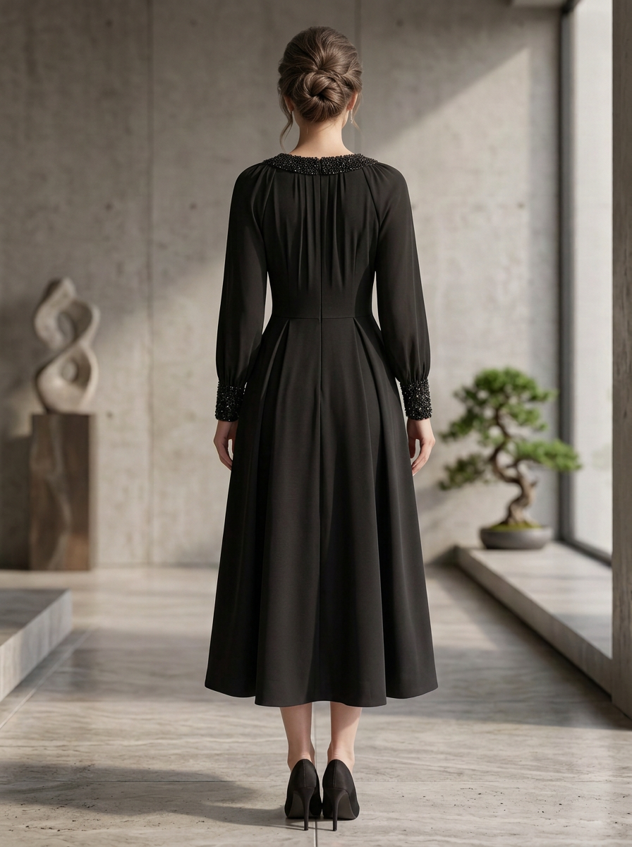 Long Sleeve Beaded Neckline Crepe Midi Cocktail Dress
