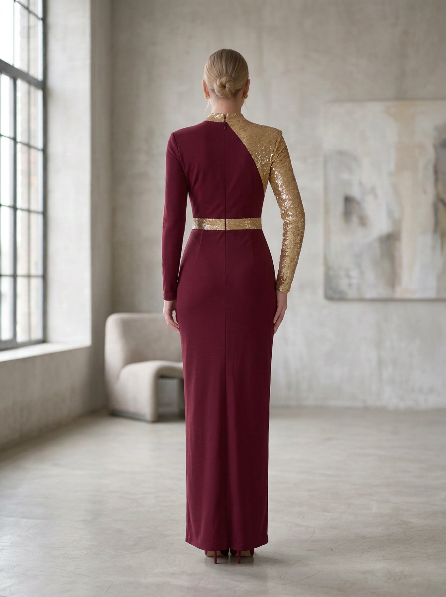 Asymmetric Long Sleeve Sequined Mesh and Crepe Evening Gown With Slit
