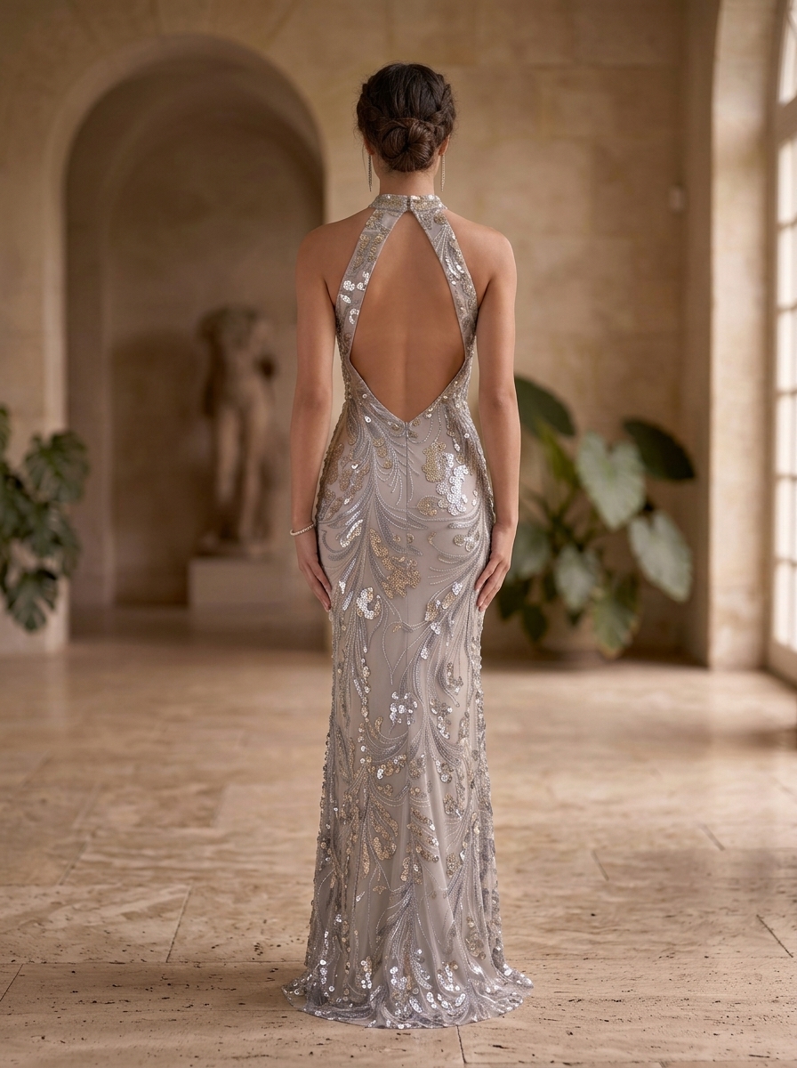 Halter Neck Backless Sequined Mesh Mermaid Evening Gown