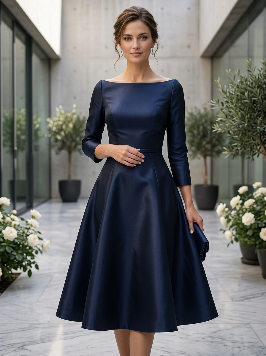 Off-The-Shoulder 3/4 Sleeve Mikado Satin Midi A-Line Dress With Belt