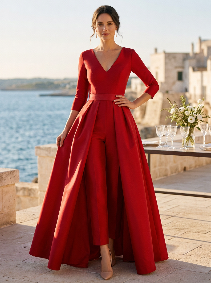 V-Neck 3/4 Sleeve Satin Jumpsuit With Overskirt and Bow Detail