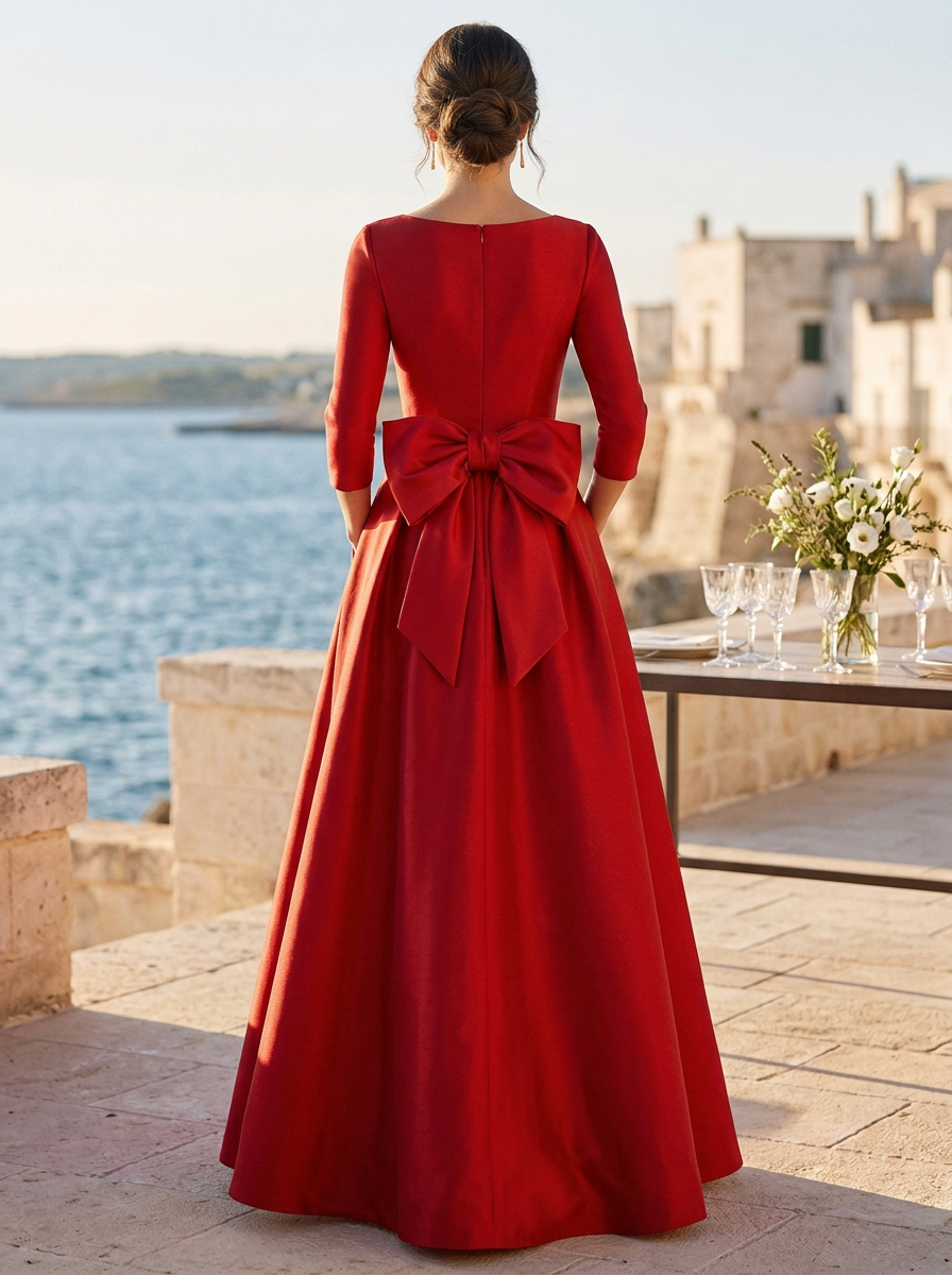 V-Neck 3/4 Sleeve Satin Jumpsuit With Overskirt and Bow Detail