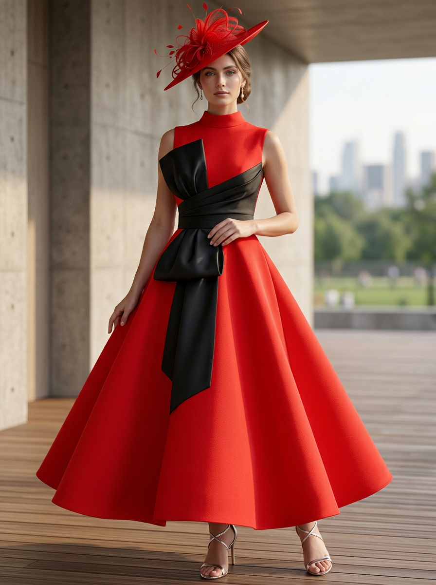 Sleeveless High Neck Mikado Satin Ankle-Length A-Line Dress With Contrast Bow