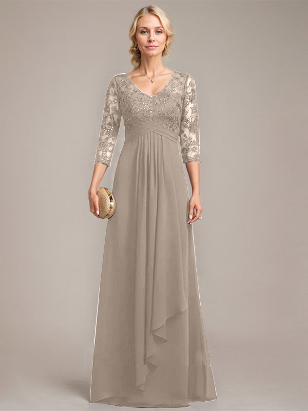 A-line V-Neck Floor-Length Lace Chiffon Mother of the Bride Dress With Cascading Ruffles Sequins