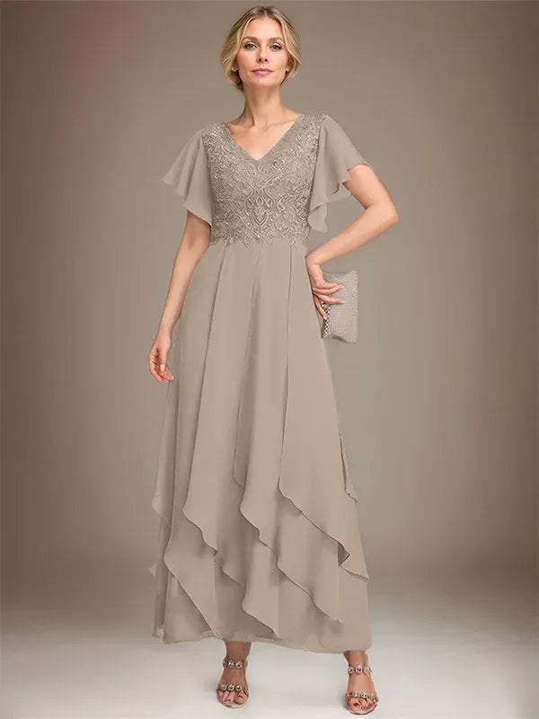 A-line V-Neck Ankle-Length Lace Chiffon Mother of the Bride Dress With Cascading Ruffles