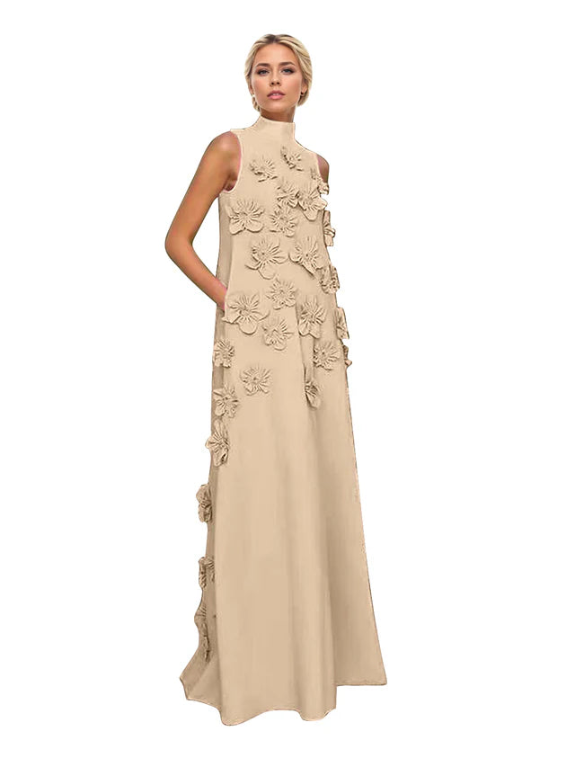 A Line High Neck Sleeveless Floor Length Stretch Crepe Dress With 3D Flowers