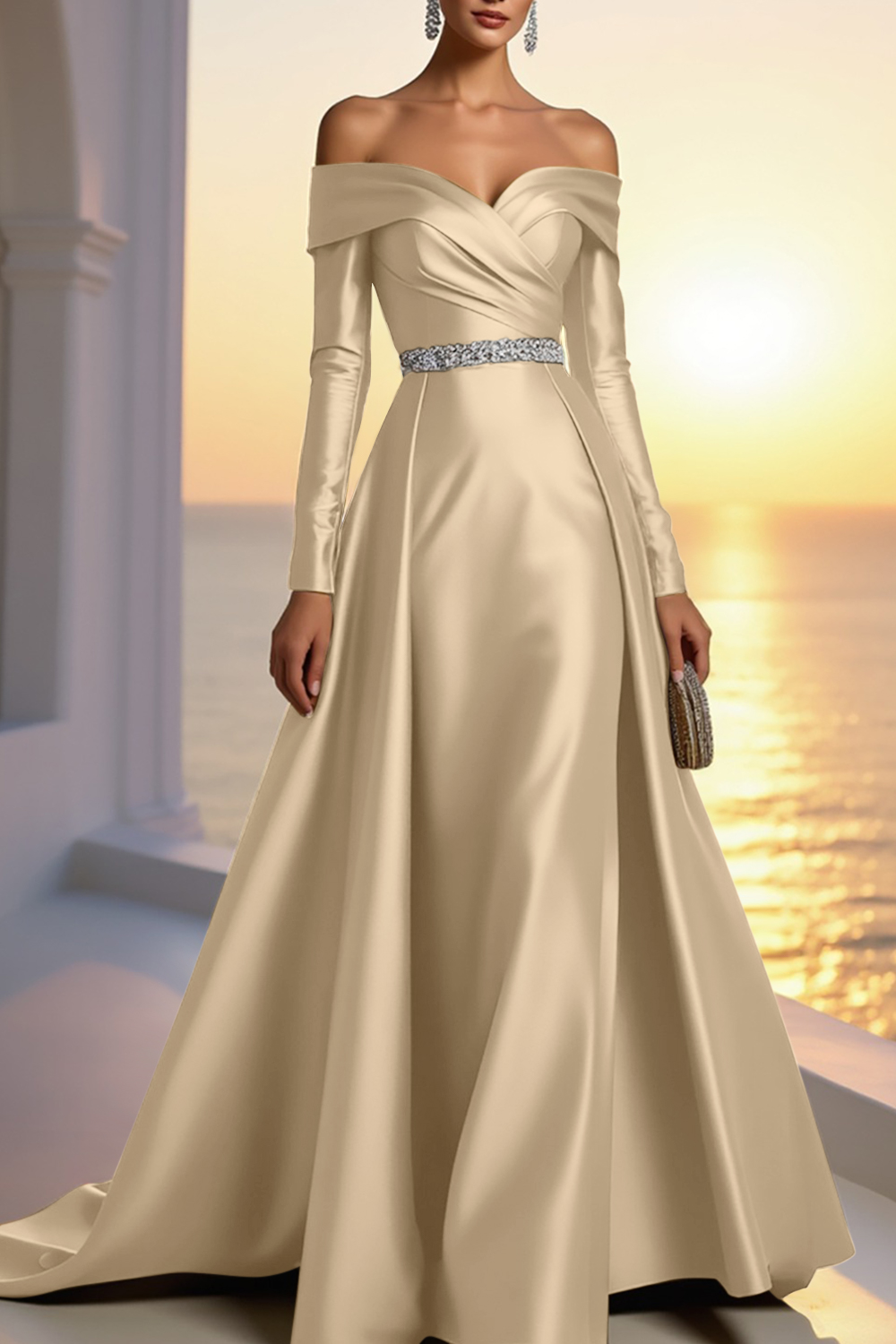 Formal Gold Satin Dress Off The Shoulder Long Sleeve Maxi Gown