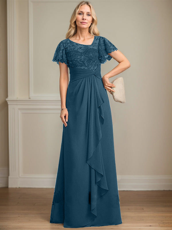 A-line Asymmetrical Illusion Floor-Length Lace Chiffon Mother of the Bride Dress With Cascading Ruffles Sequins