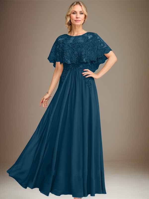 A-line Boat Neck Floor-Length Lace Chiffon Mother of the Bride Dress With Applique Sequins