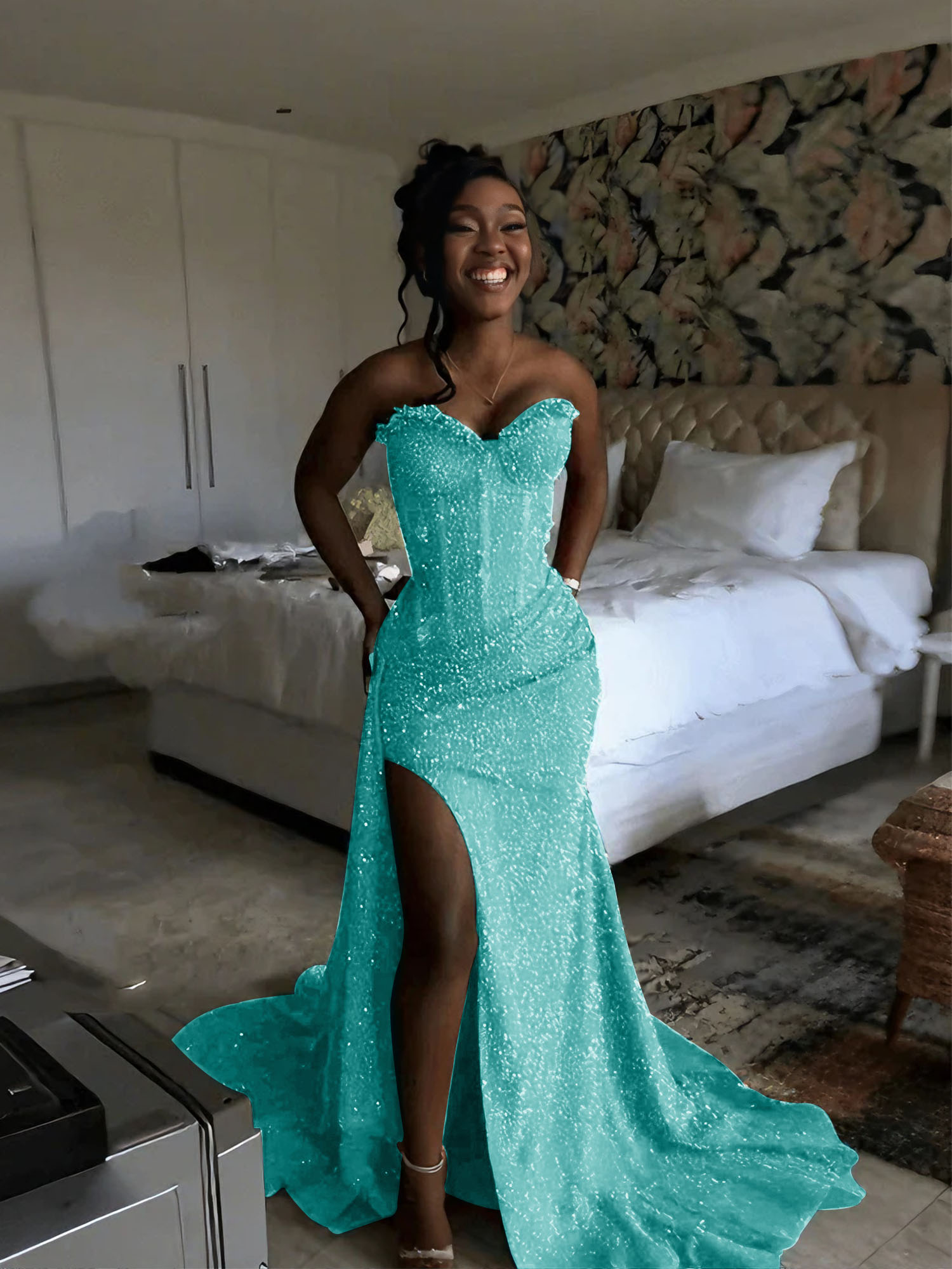 Glitter Strapless Mermaid Sequined Long Prom Dress with Slit