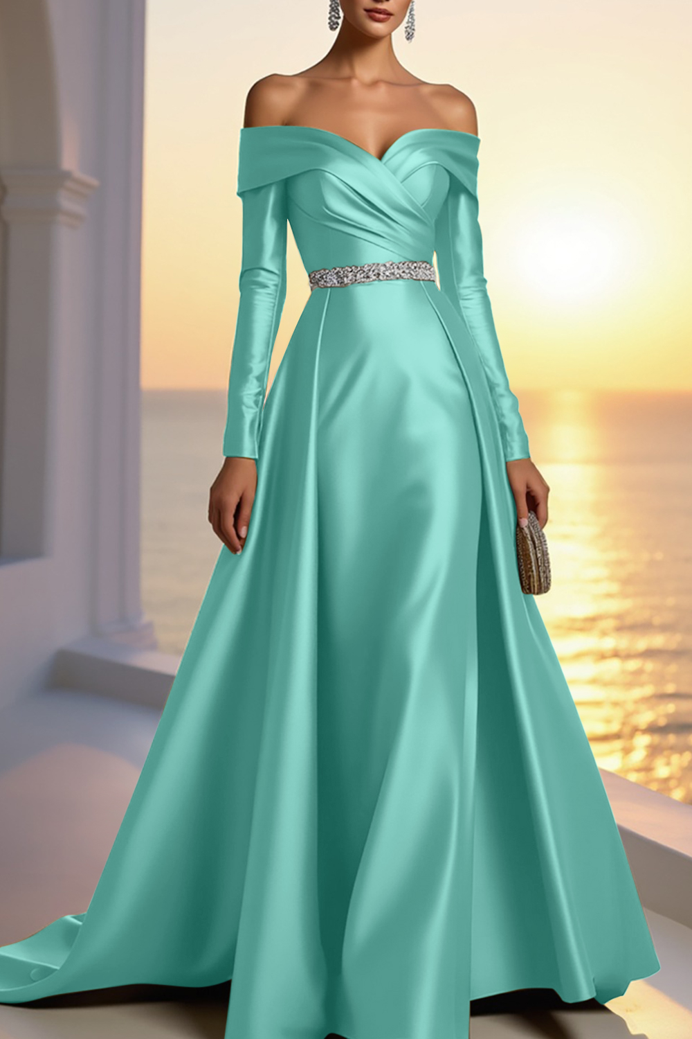 Formal Gold Satin Dress Off The Shoulder Long Sleeve Maxi Gown