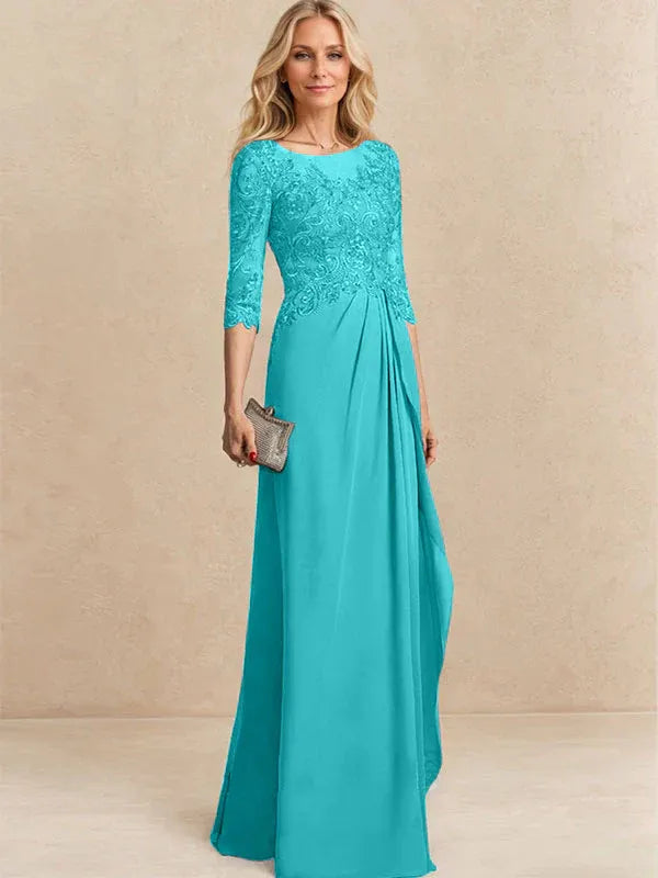 A-line Scoop Illusion Floor-Length Chiffon Lace Mother of the Bride Dress With Beading Sequins Cascading Ruffles