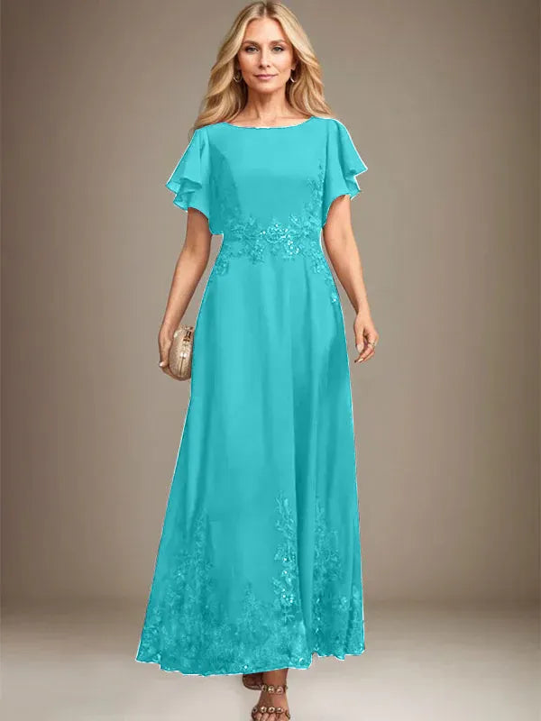 A-line Scoop Ankle-Length Lace Chiffon Mother of the Bride Dress With Sequins